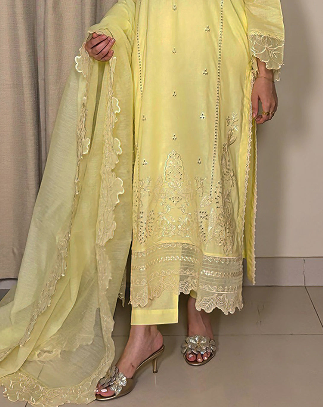 3 Piece Cotton Embroidered Dress - Lemon Haze
