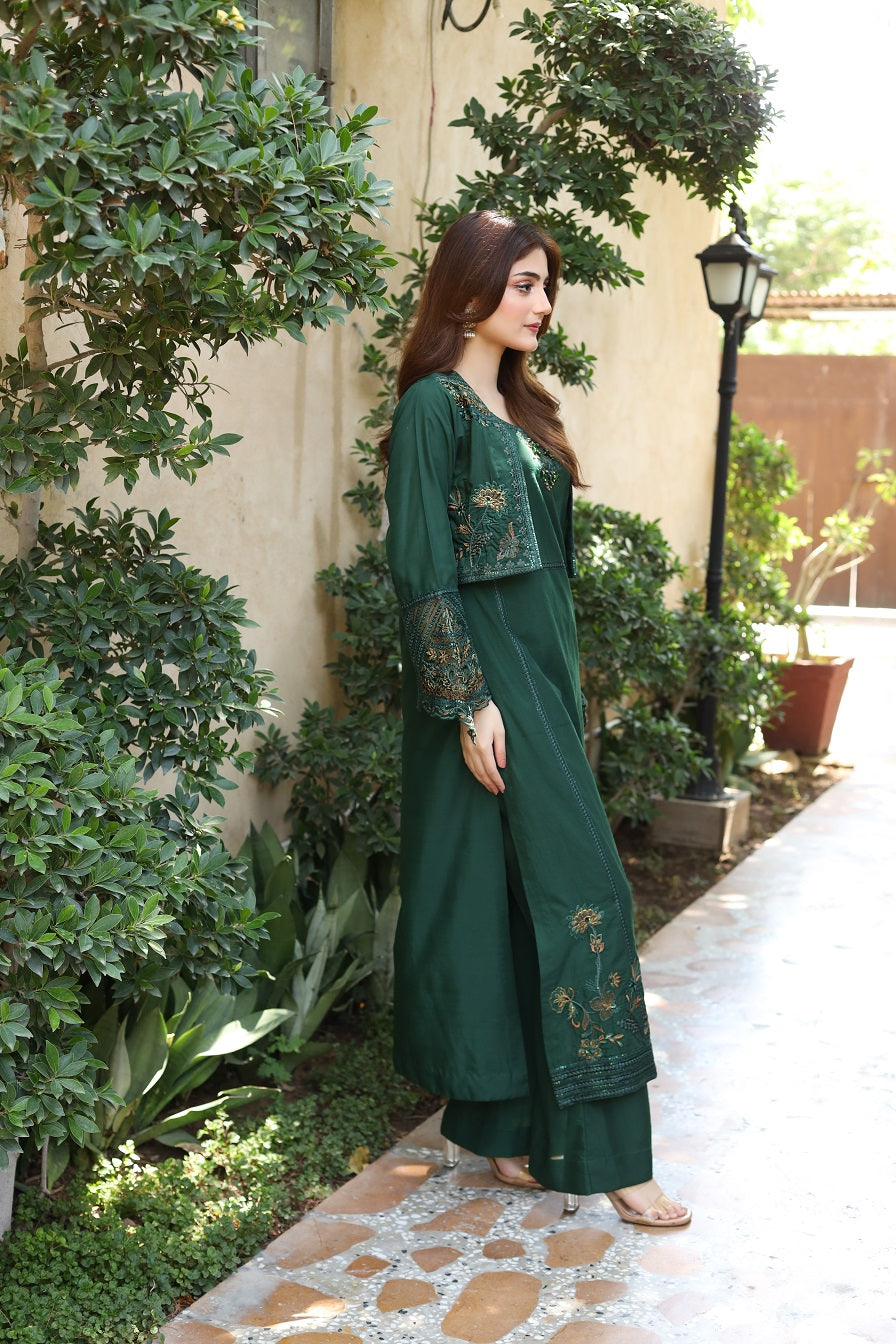 2 Piece Khaddar Embroidered Dress - Green Oasis