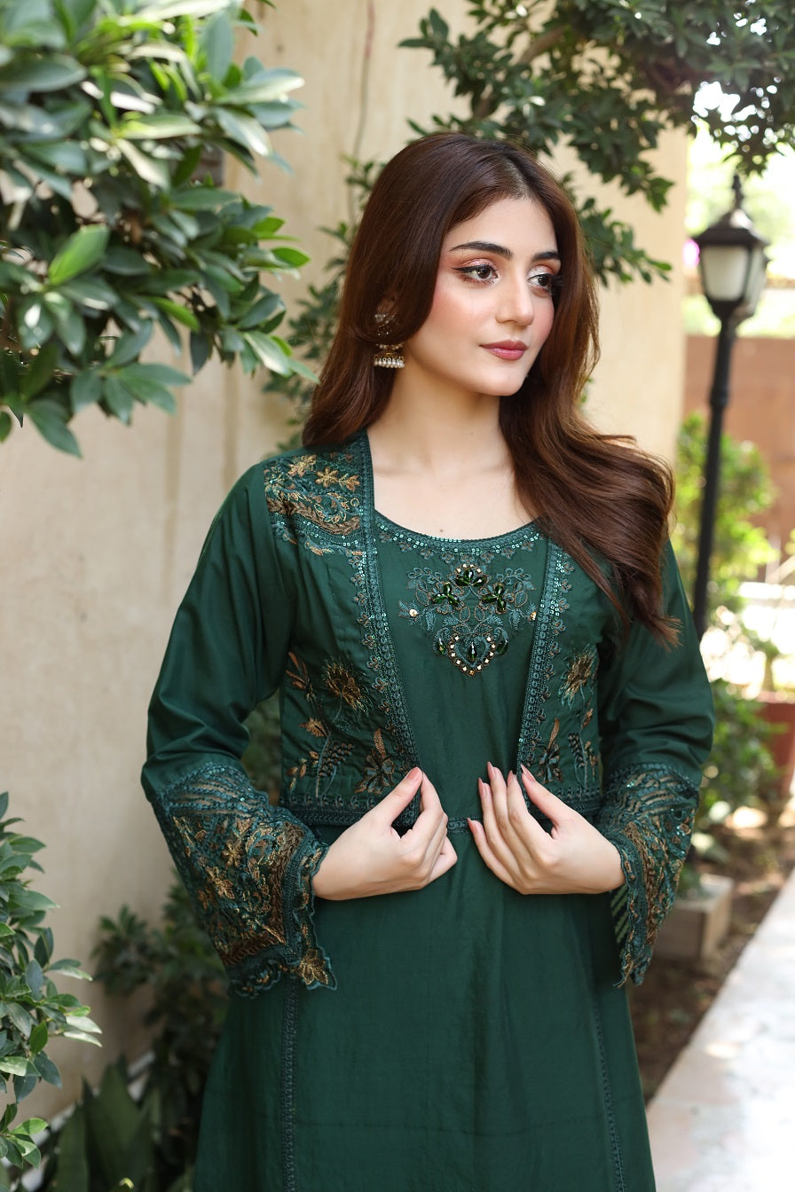 2 Piece Khaddar Embroidered Dress - Green Oasis