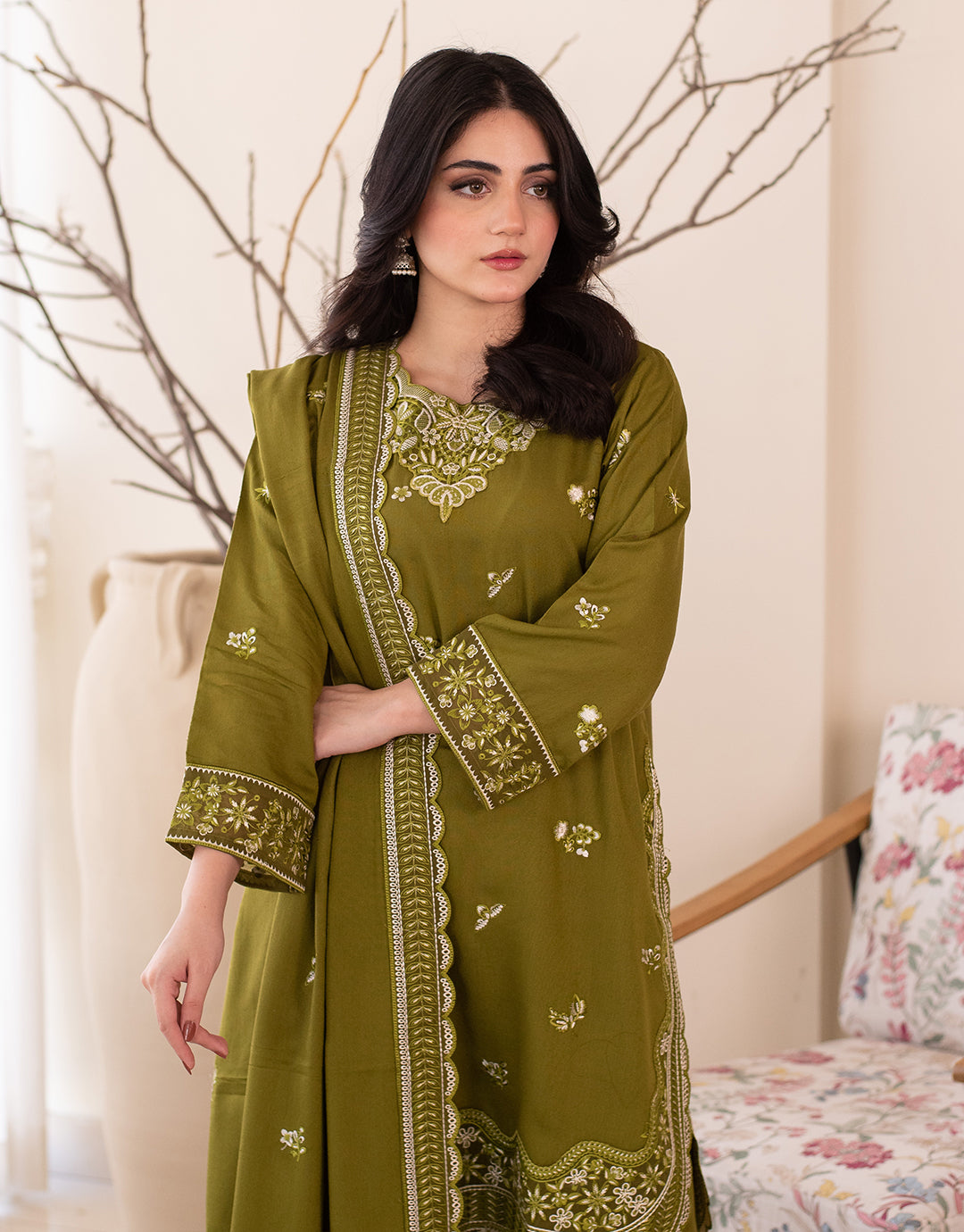 3 Piece Karandi Embroidered Dress - Olive Green