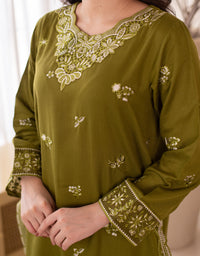 3 Piece Karandi Embroidered Dress - Olive Green