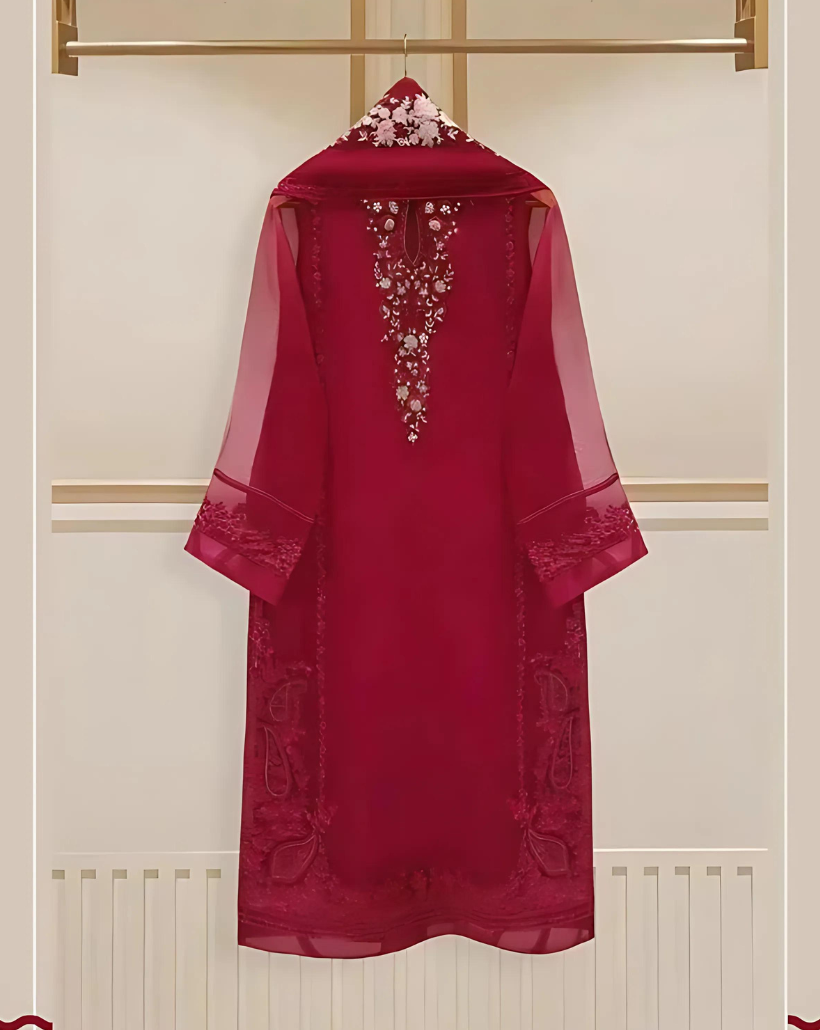 4 Piece Stitched Organza Embroidered Dress, GR-16 in Shocking Red