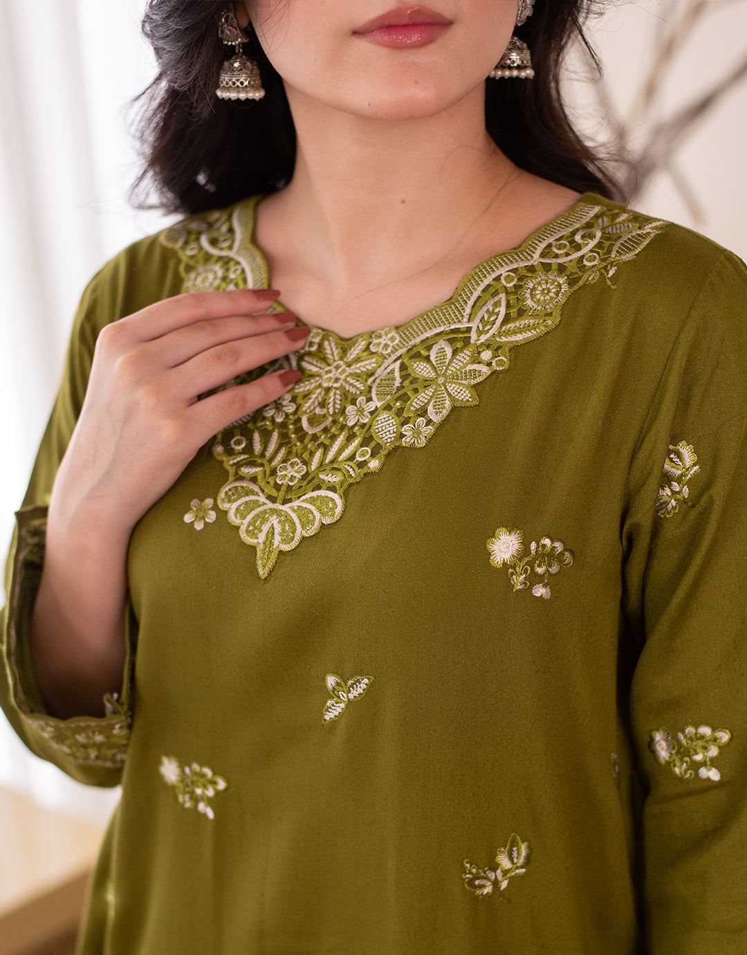 3 Piece Karandi Embroidered Dress - Olive Green