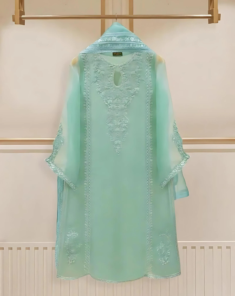 4 Piece Stitched Organza Embroidered Dress, BL-16 in blue