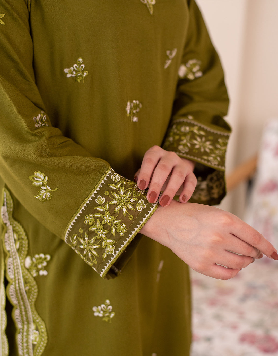 3 Piece Karandi Embroidered Dress - Olive Green