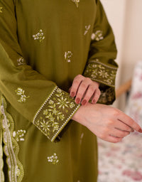 3 Piece Karandi Embroidered Dress - Olive Green