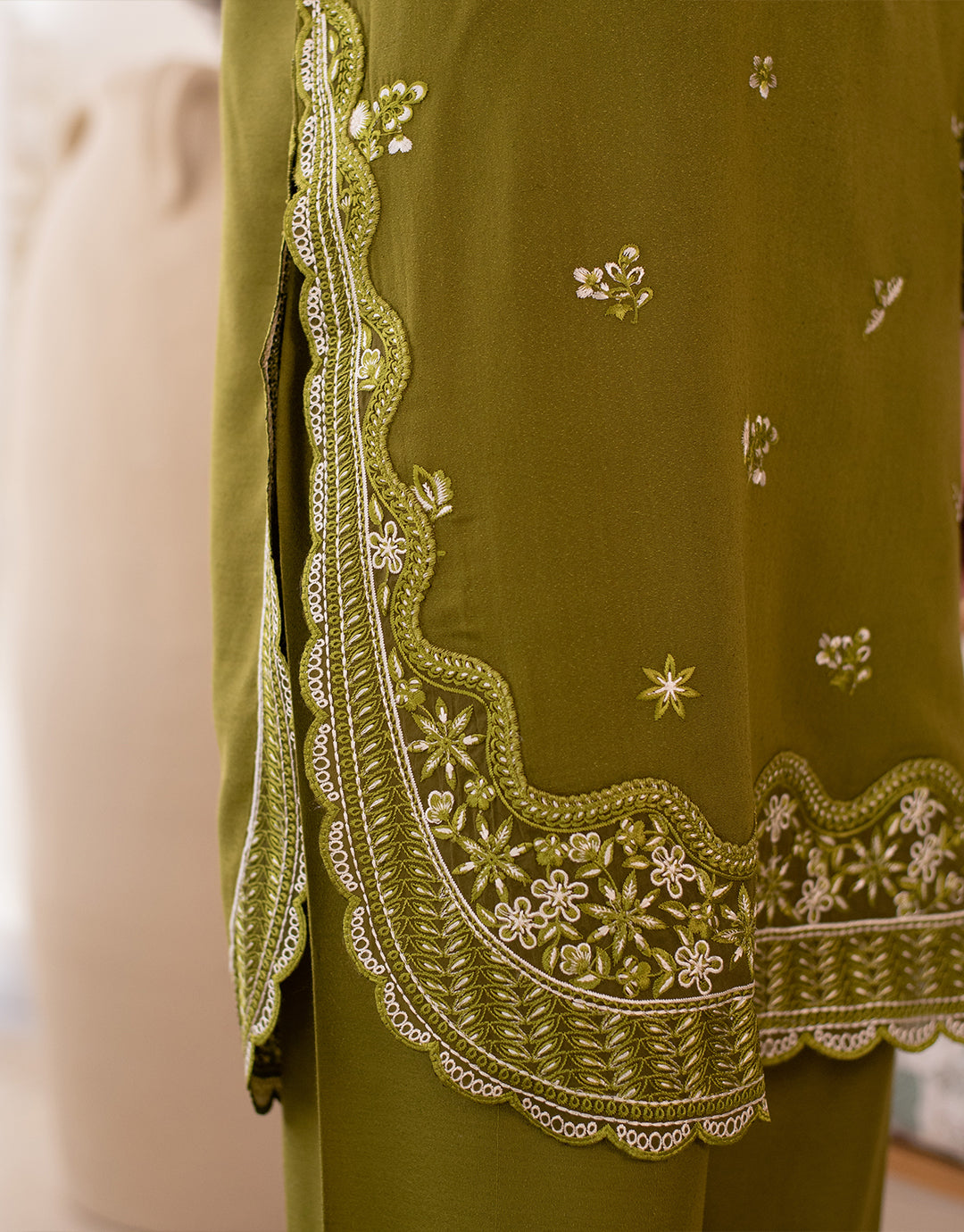 3 Piece Karandi Embroidered Dress - Olive Green