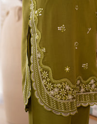 3 Piece Karandi Embroidered Dress - Olive Green