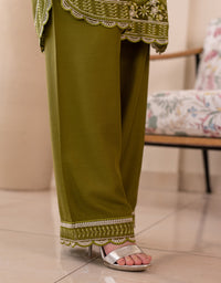 3 Piece Karandi Embroidered Dress - Olive Green