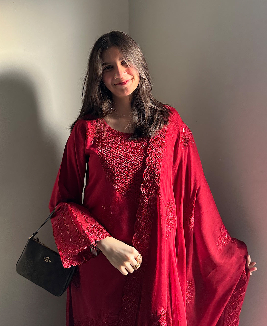 4 Piece Viscose Embroidered Dress - Dusk Rose