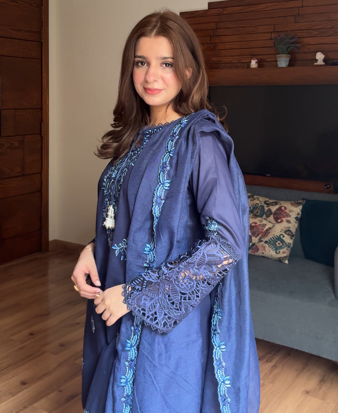 3 Piece Cotton/dhanak Embroidered Dress - Noor e nil