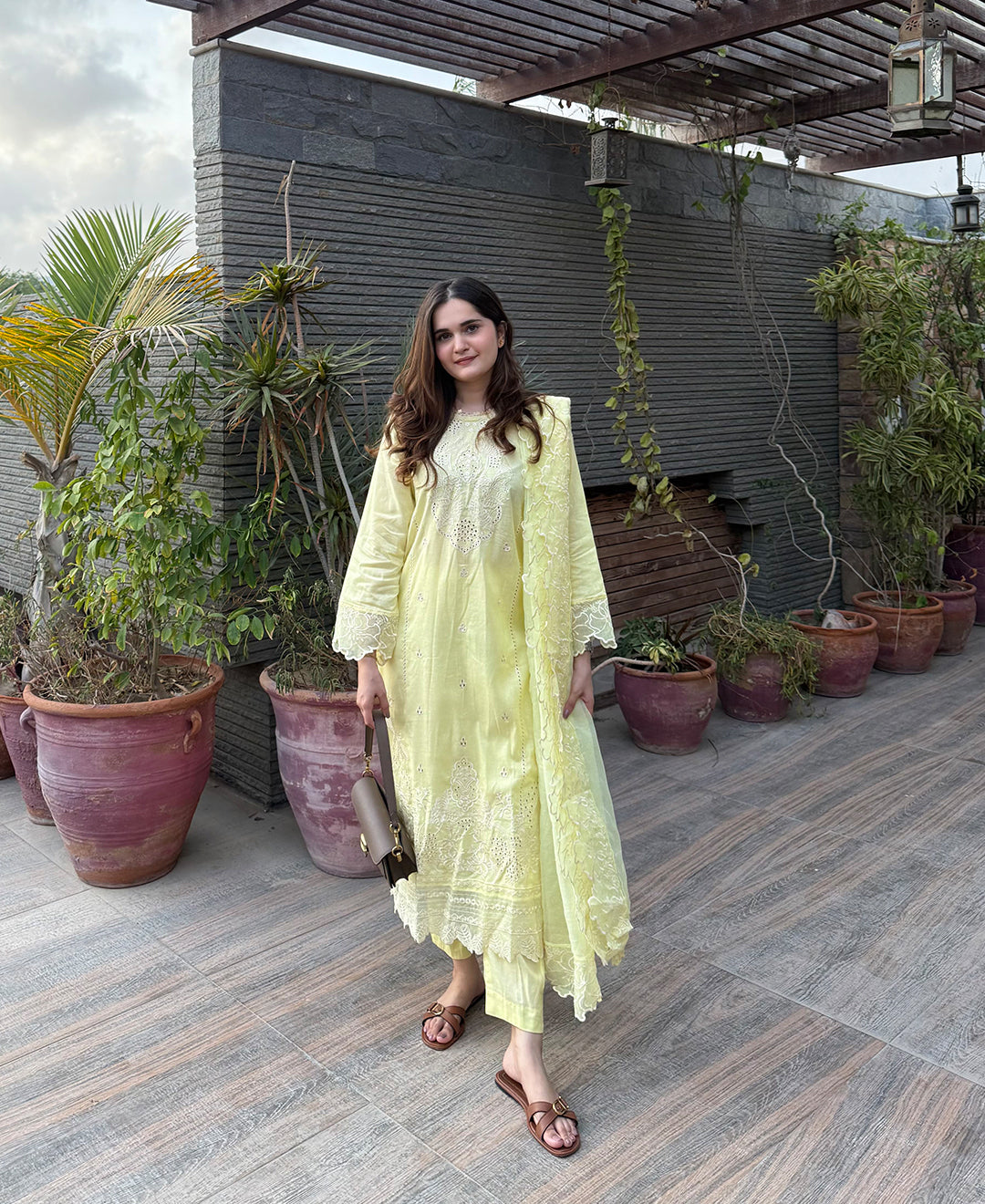 3 Piece Cotton Embroidered Dress - Lemon Haze