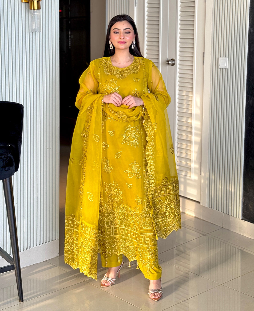 4 Piece Organza Embroidered Dress - Mustard Muse