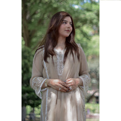 4 Piece Stitched Chiffon Embroidered Dress, SK-24 in Beige