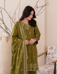 3 Piece Karandi Embroidered Dress - Olive Green