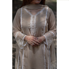 4 Piece Stitched Chiffon Embroidered Dress, SK-24 in Beige