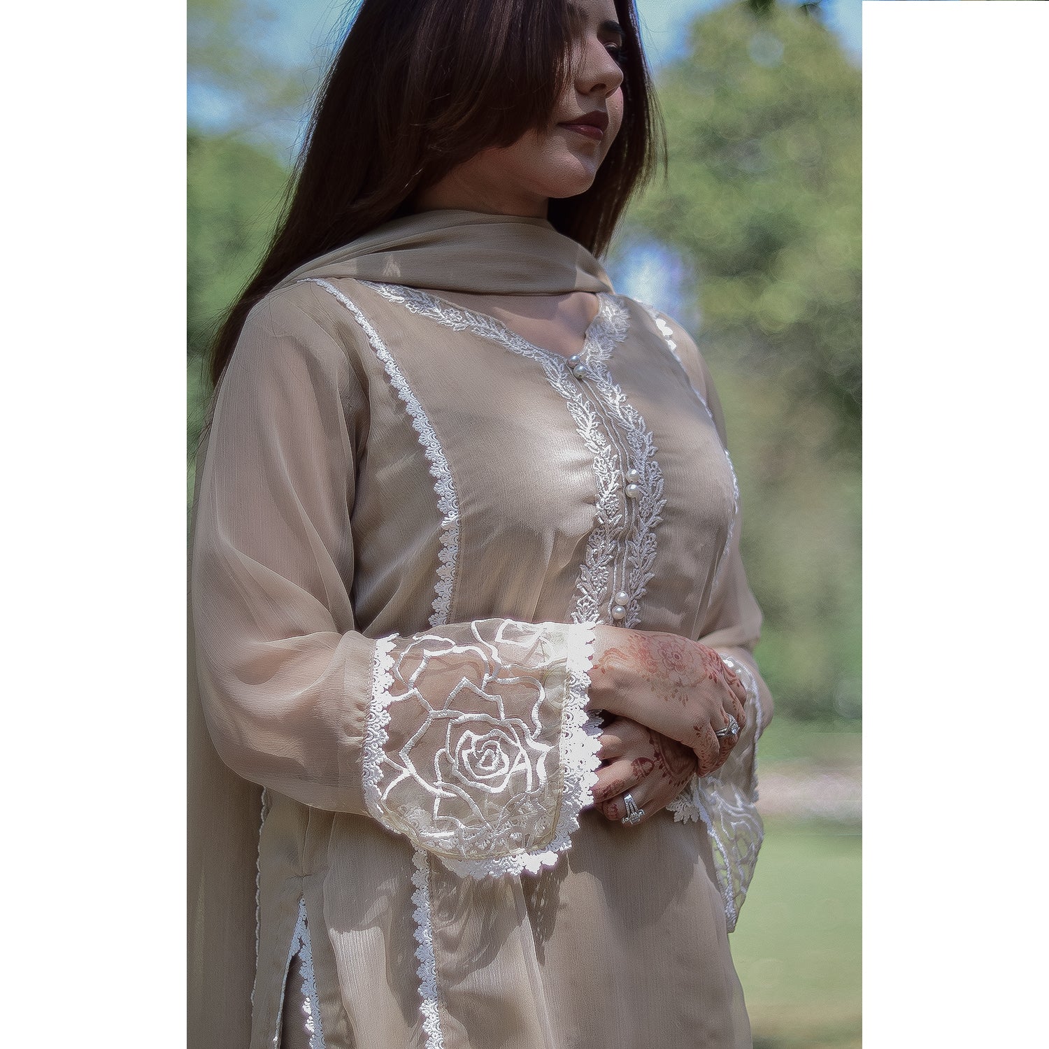 4 Piece Stitched Chiffon Embroidered Dress, SK-24 in Beige