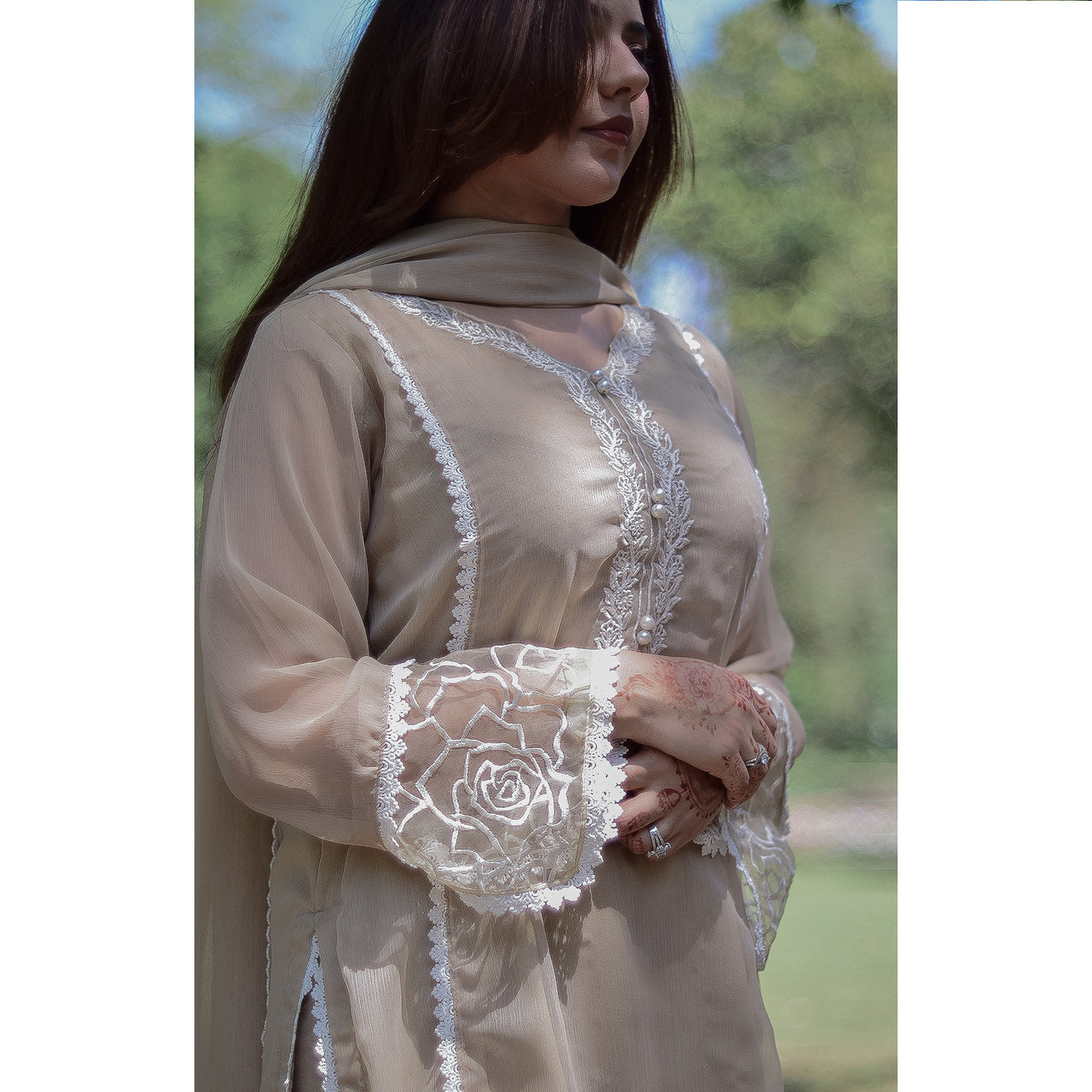 4 Piece Stitched Chiffon Embroidered Dress, SK-24 in Beige