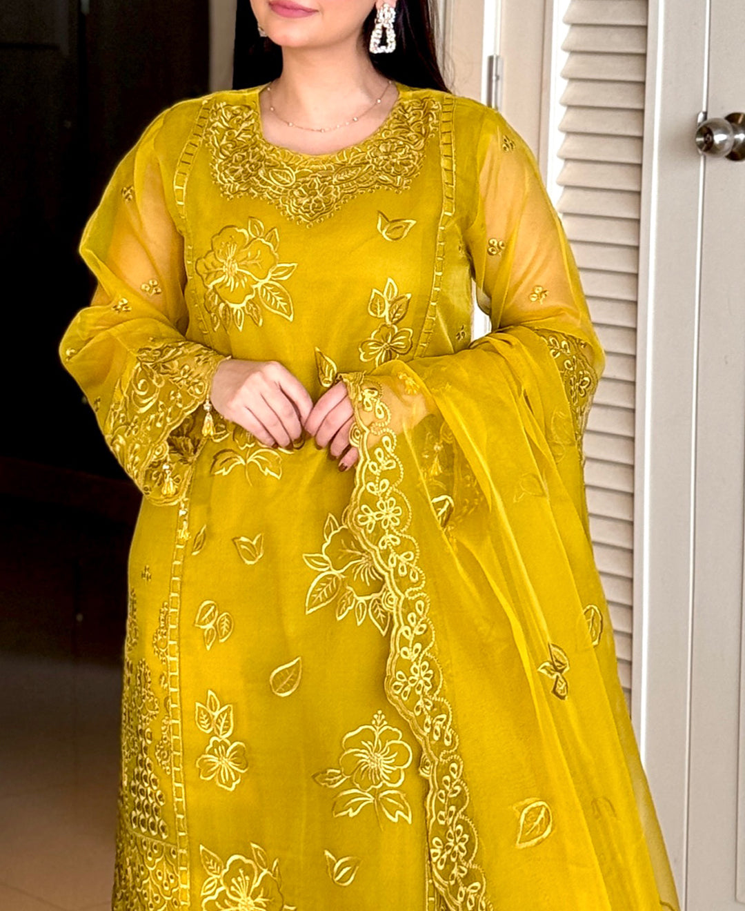 4 Piece Organza Embroidered Dress - Mustard Muse