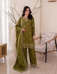 3 Piece Karandi Embroidered Dress - Olive Green