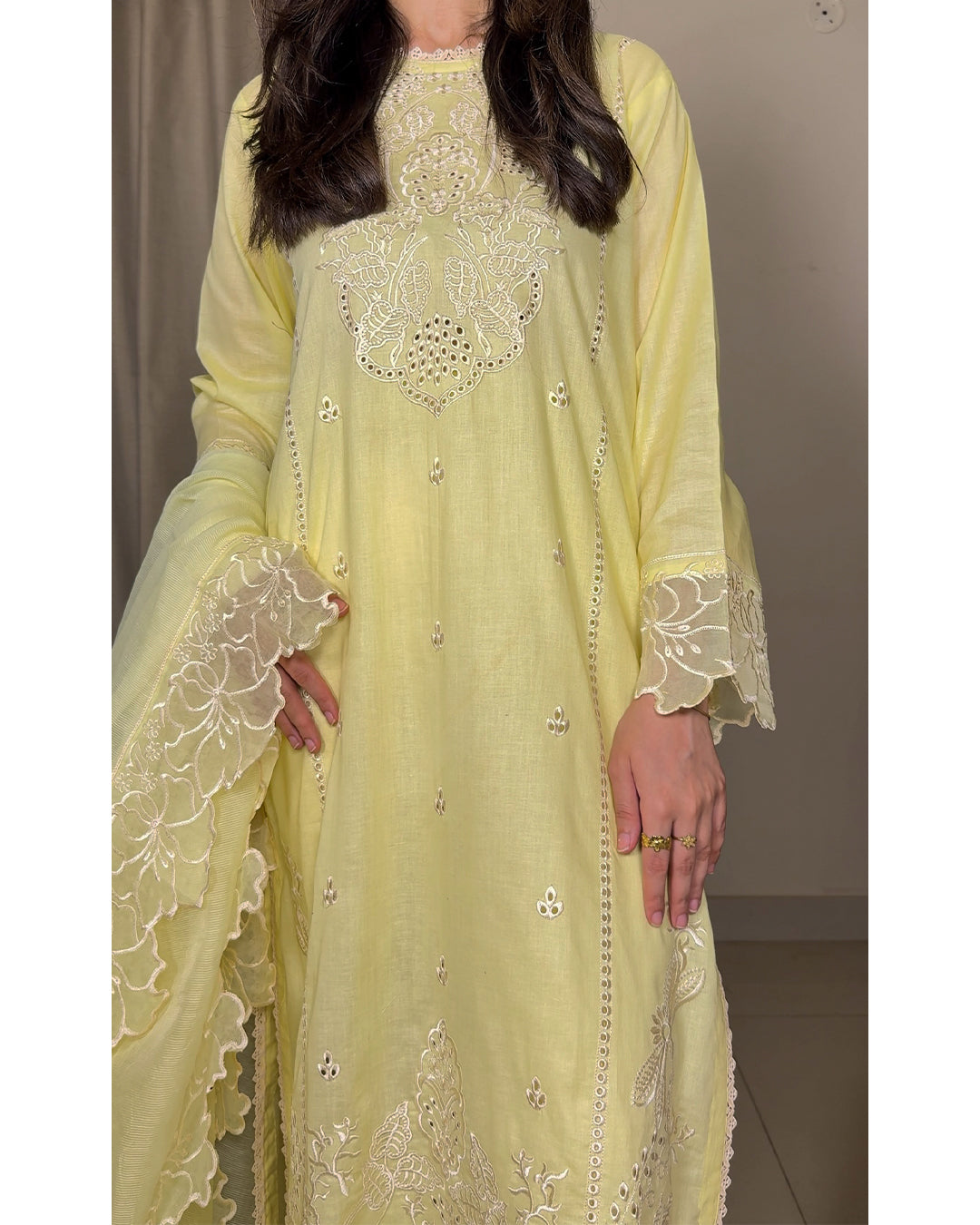 3 Piece Cotton Embroidered Dress - Lemon Haze 3 Piece Cotton Embroidered Dress - Lemon Haze