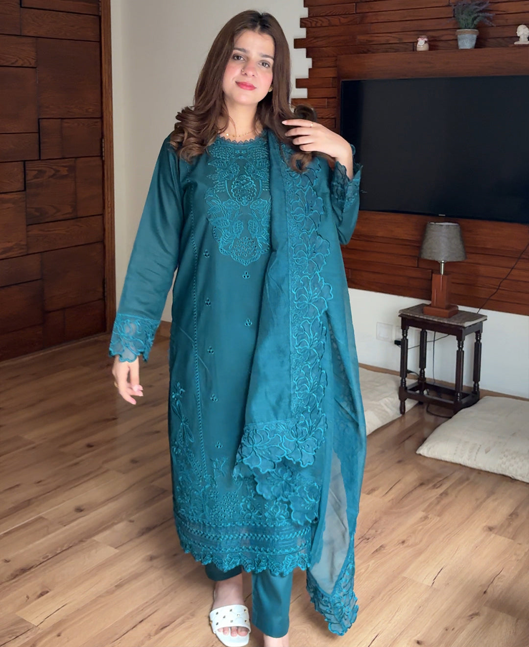 3 Piece Cotton Embroidered Dress - Teal Haze Femenite.pk 3 Piece Cotton Embroidered Dress - Teal Haze Femenite.pk