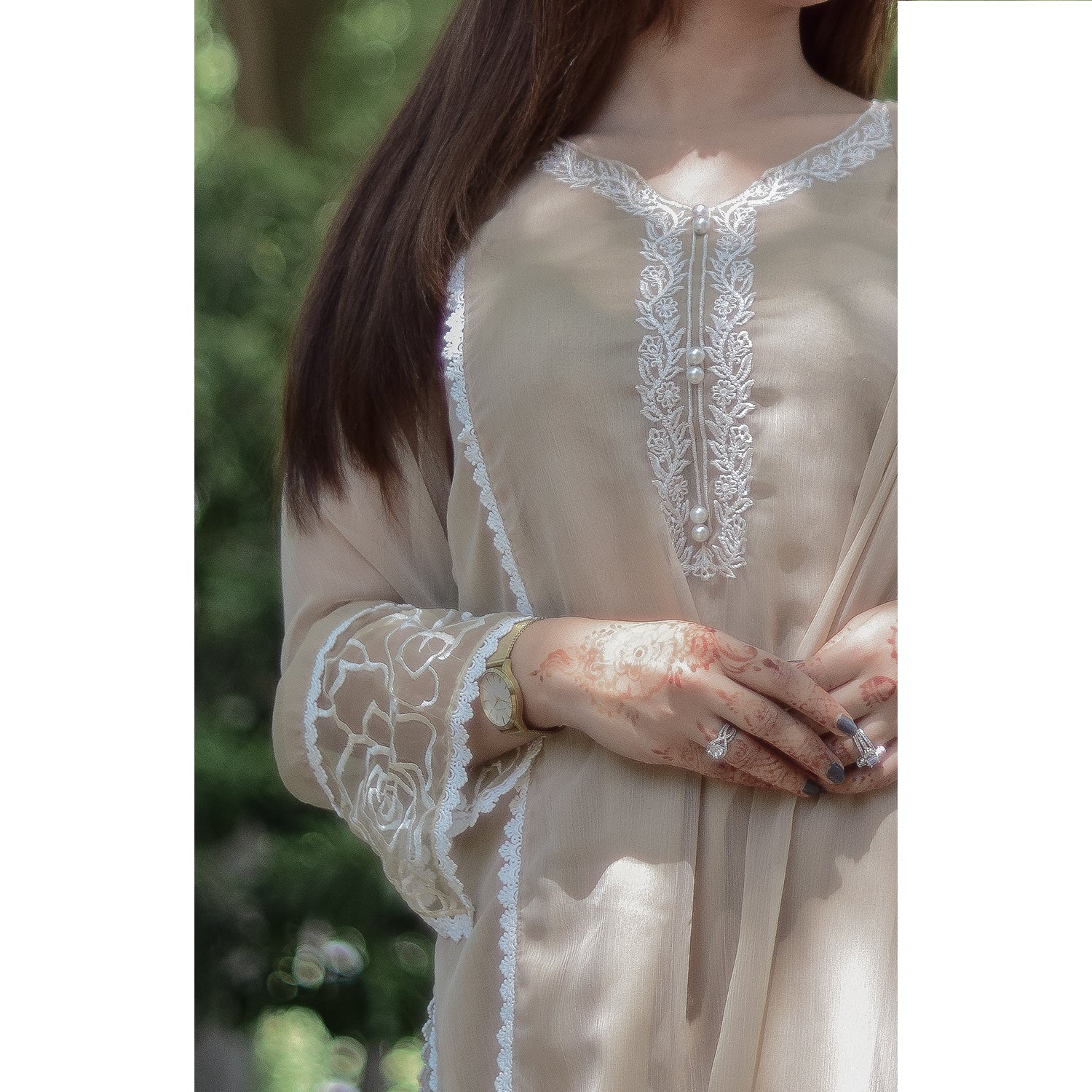 4 Piece Stitched Chiffon Embroidered Dress, SK-24 in Beige