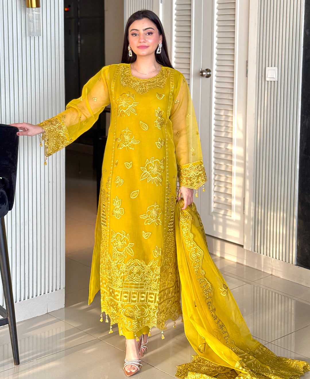 4 Piece Organza Embroidered Dress - Mustard Muse