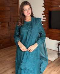 3 Piece Cotton Embroidered Dress - Teal Haze