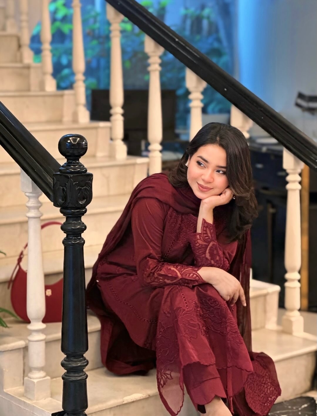3 Piece Cotton Embroidered Dress - Majesty Wine