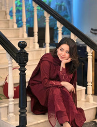 3 Piece Cotton Embroidered Dress - Majesty Wine