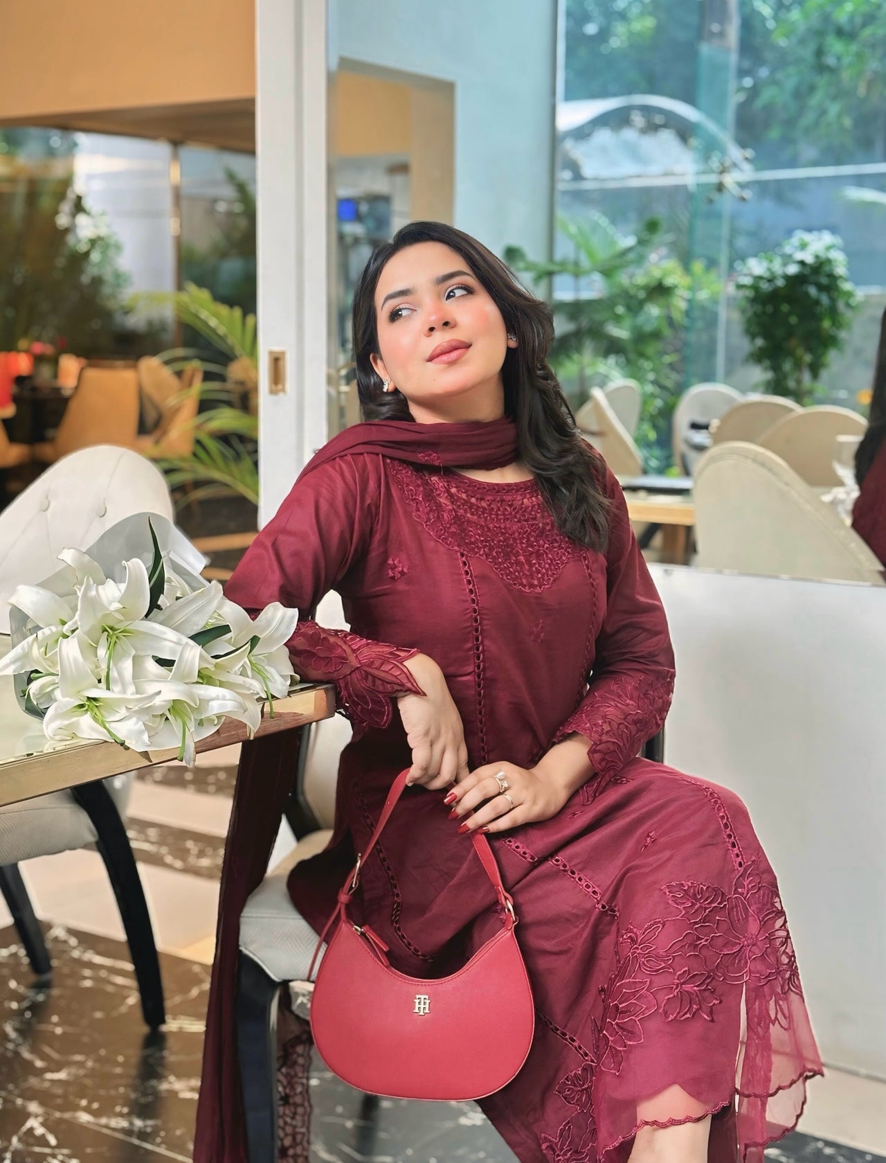 3 Piece Cotton Embroidered Dress - Majesty Wine