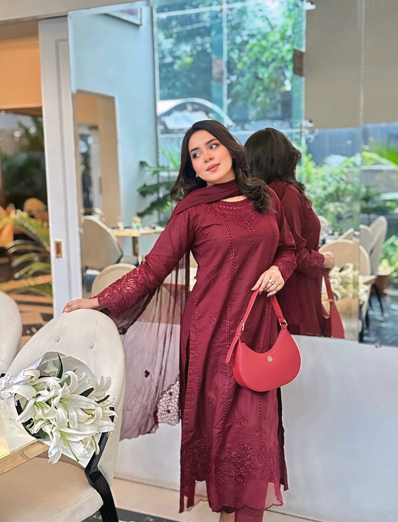 3 Piece Cotton Embroidered Dress - Majesty Wine