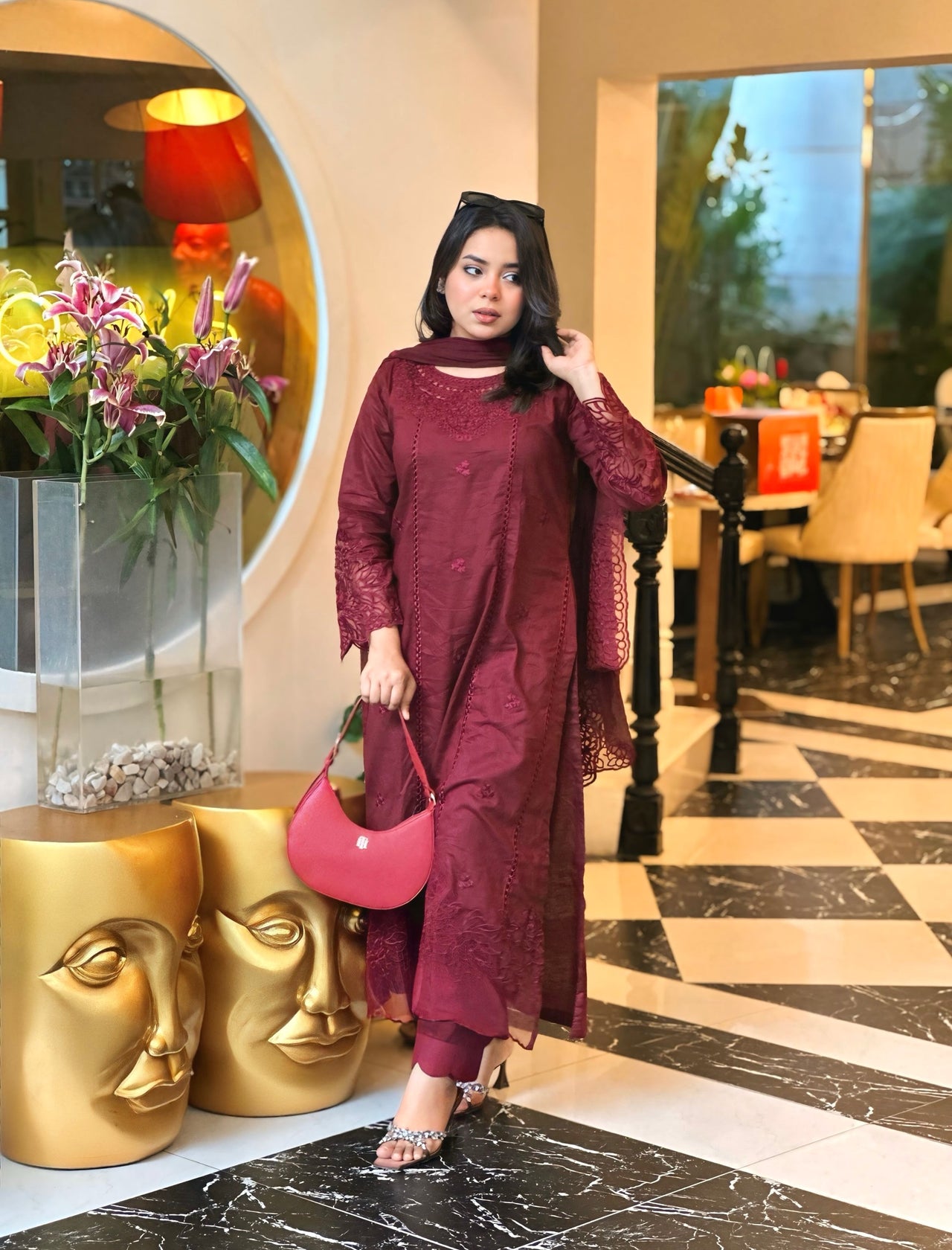 3 Piece Cotton Embroidered Dress - Majesty Wine