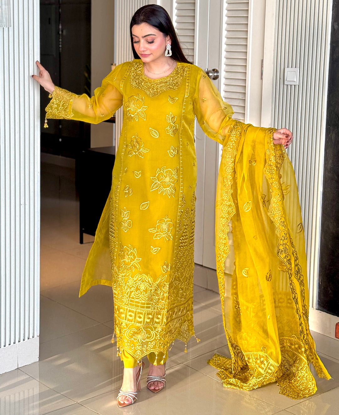 4 Piece Organza Embroidered Dress - Mustard Muse