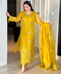 4 Piece Organza Embroidered Dress - Mustard Muse