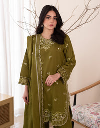 3 Piece Karandi Embroidered Dress - Olive Green