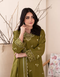 3 Piece Karandi Embroidered Dress - Olive Green