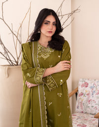 3 Piece Karandi Embroidered Dress - Olive Green