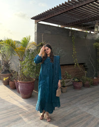 3 Piece Cotton Embroidered Dress - Teal Whisper