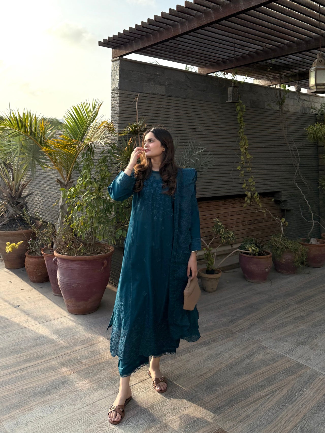 3 Piece Cotton Embroidered Dress - Teal Whisper