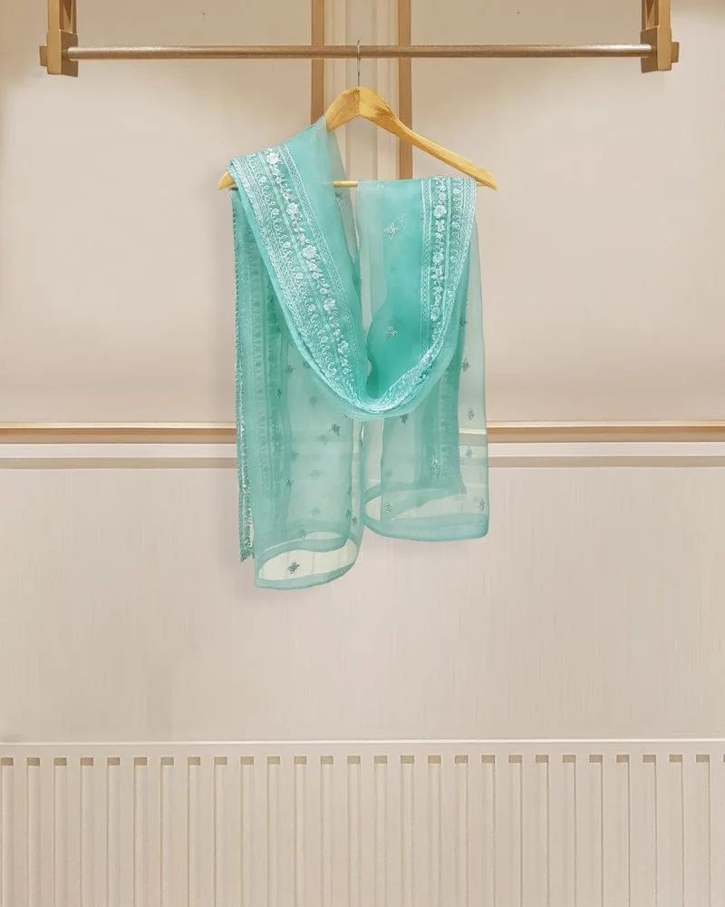 4 Piece Stitched Organza Embroidered Dress, BL-16 in blue