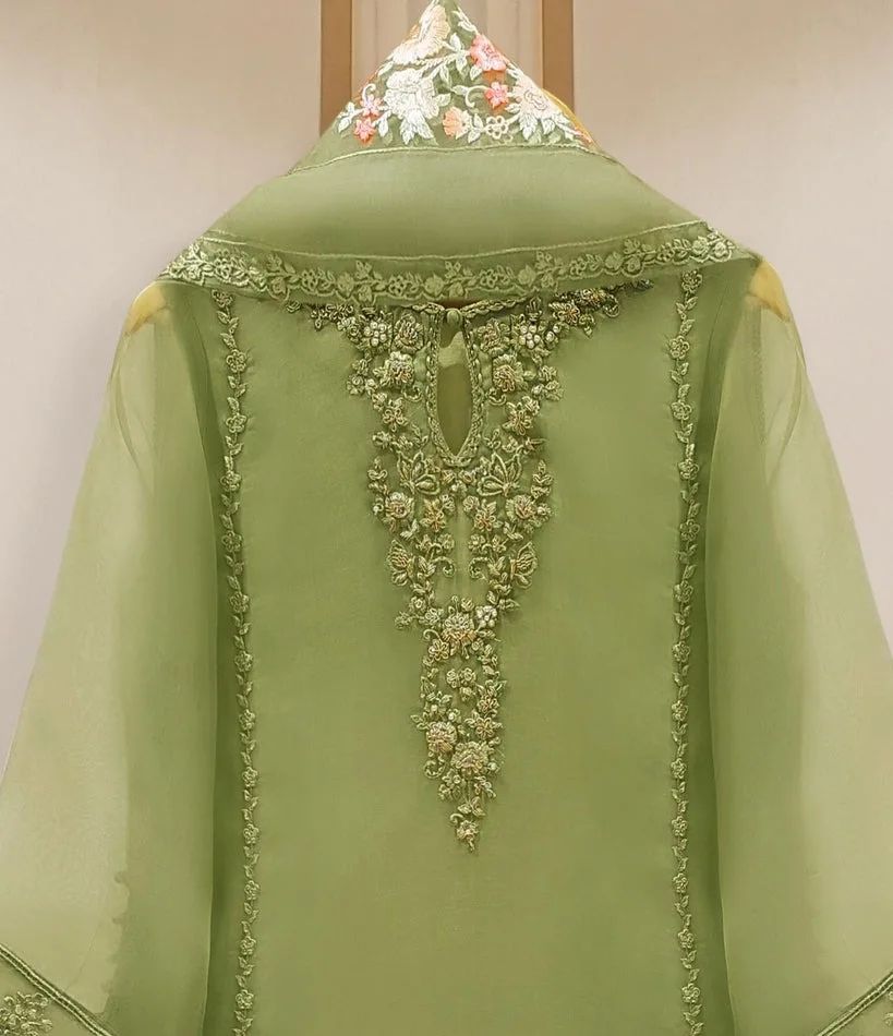 4 Piece Stitched Organza Embroidered Dress, GR-16 in Pista Green Femenite.pk 4 Piece Stitched Organza Embroidered Dress, GR-16 in Pista Green Femenite.pk