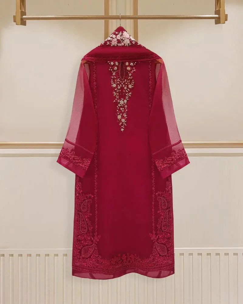 4 Piece Stitched Organza Embroidered Dress, GR-16 in Shocking Red