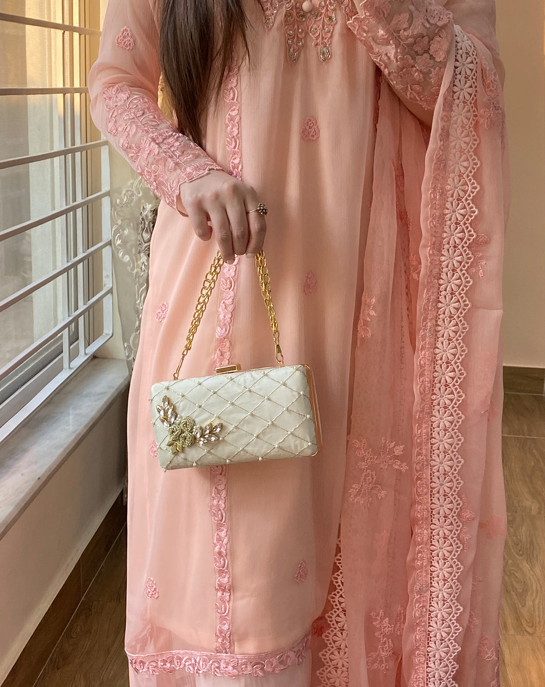 4 Piece Chiffon Embroidered - Whisper Pink