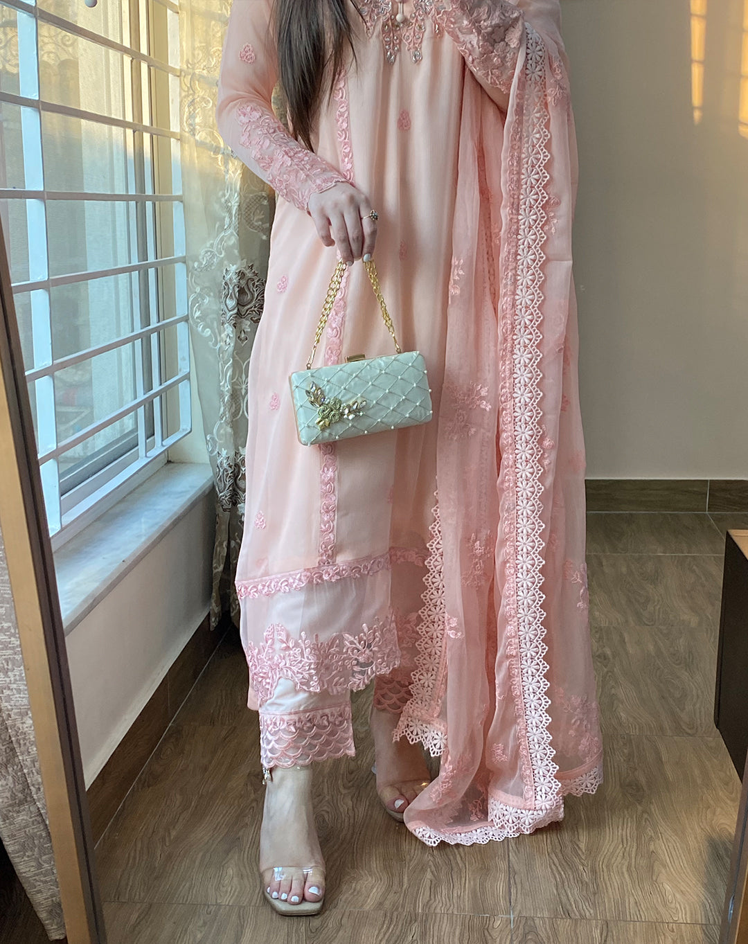 4 Piece Chiffon Embroidered - Whisper Pink