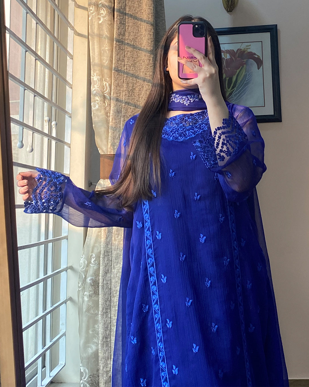 4 Piece Chiffon Embroidered Dress - Navy Delight