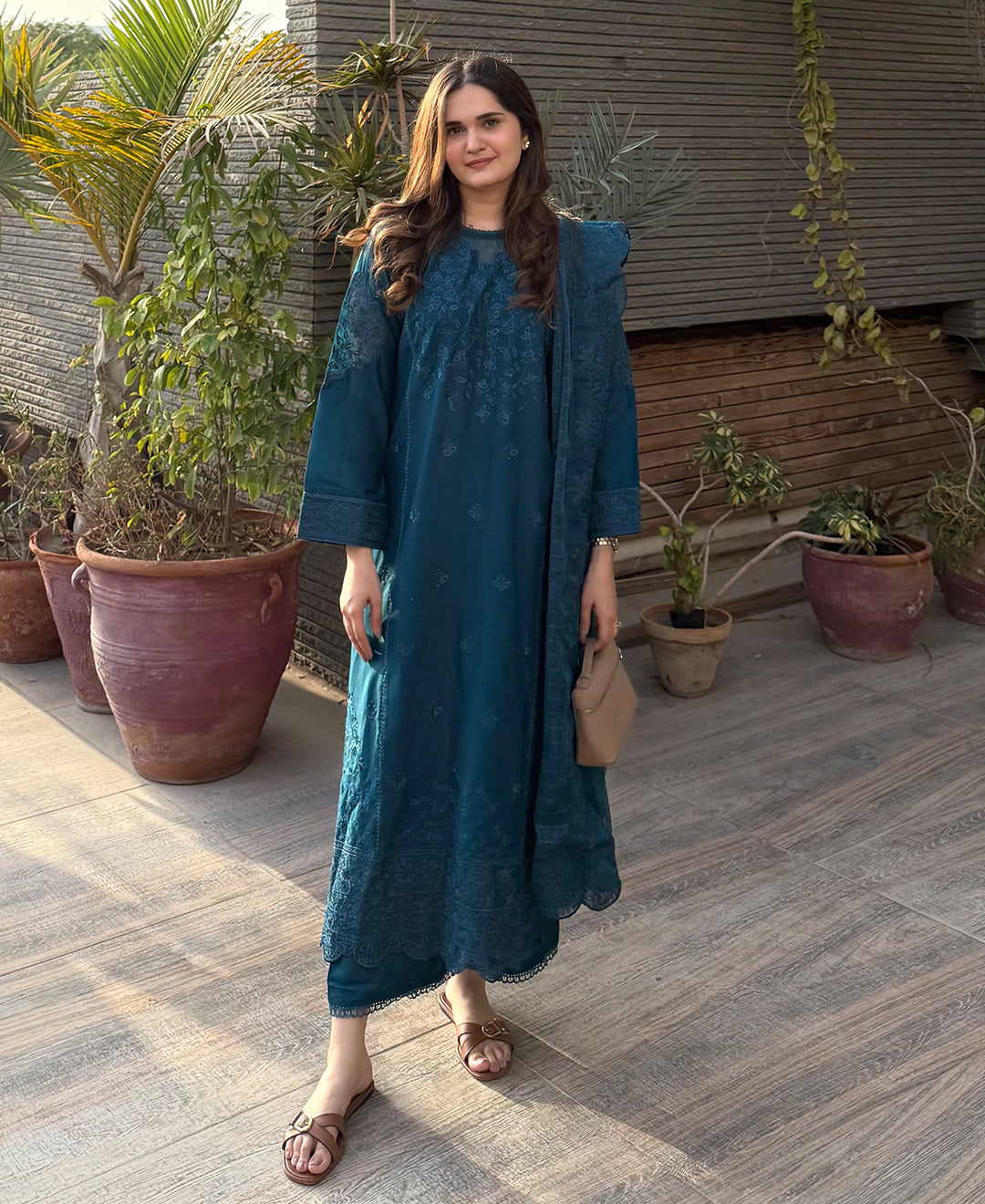 3 Piece Cotton Embroidered Dress - Teal Whisper