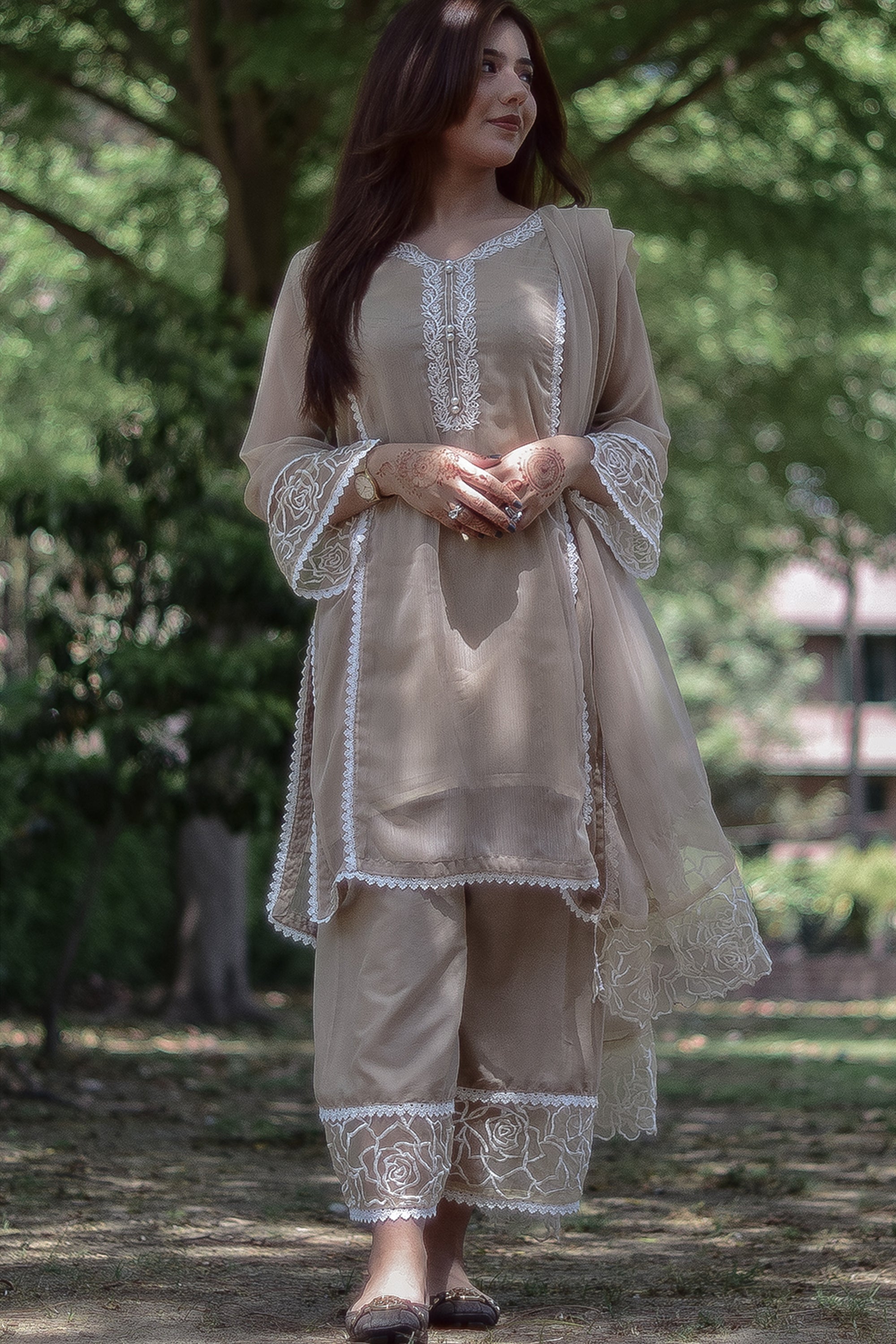 4 Piece Stitched Chiffon Embroidered Dress, SK-24 in Beige