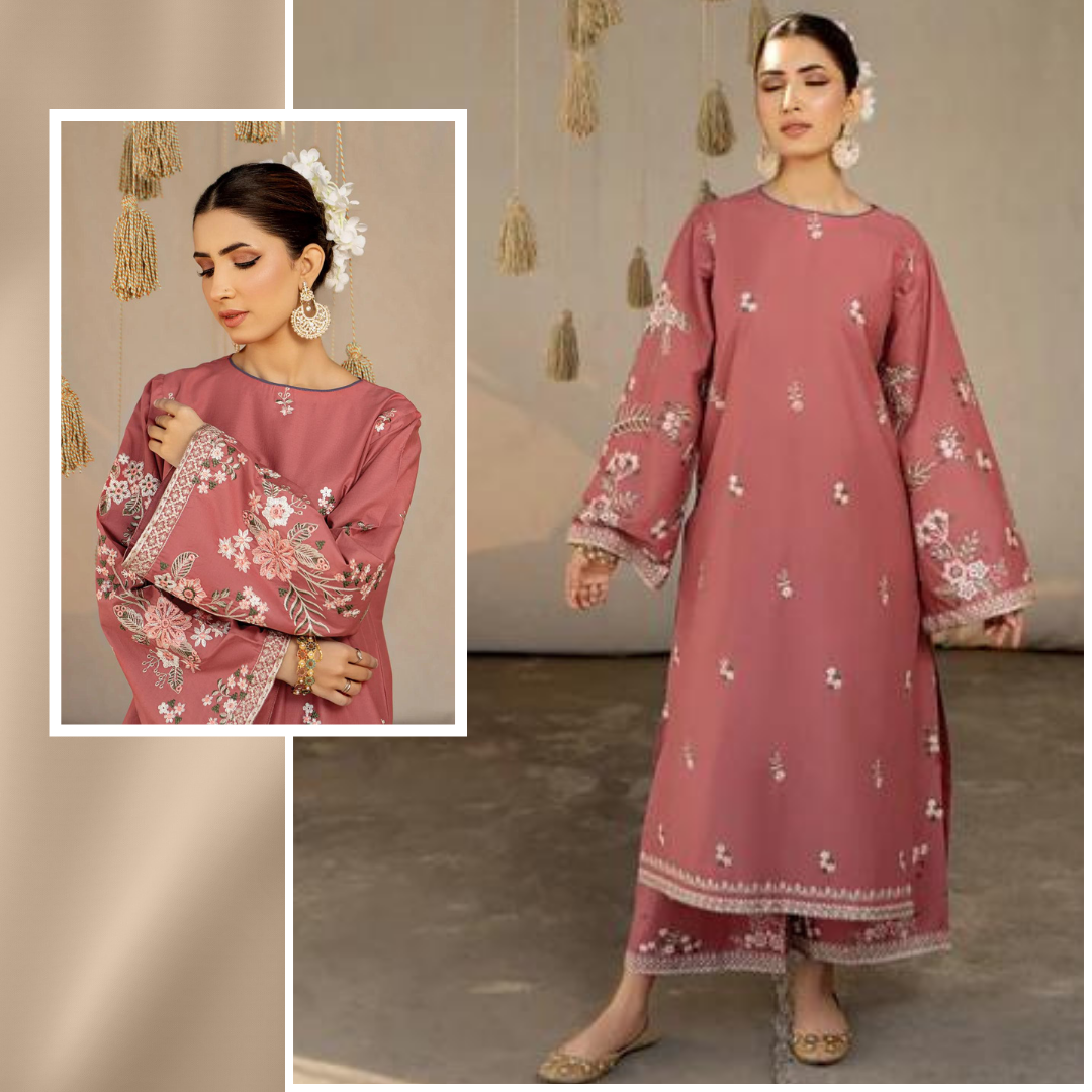 2 Piece Stitched Lawn Embroidered Dress, Peach color, LP-51